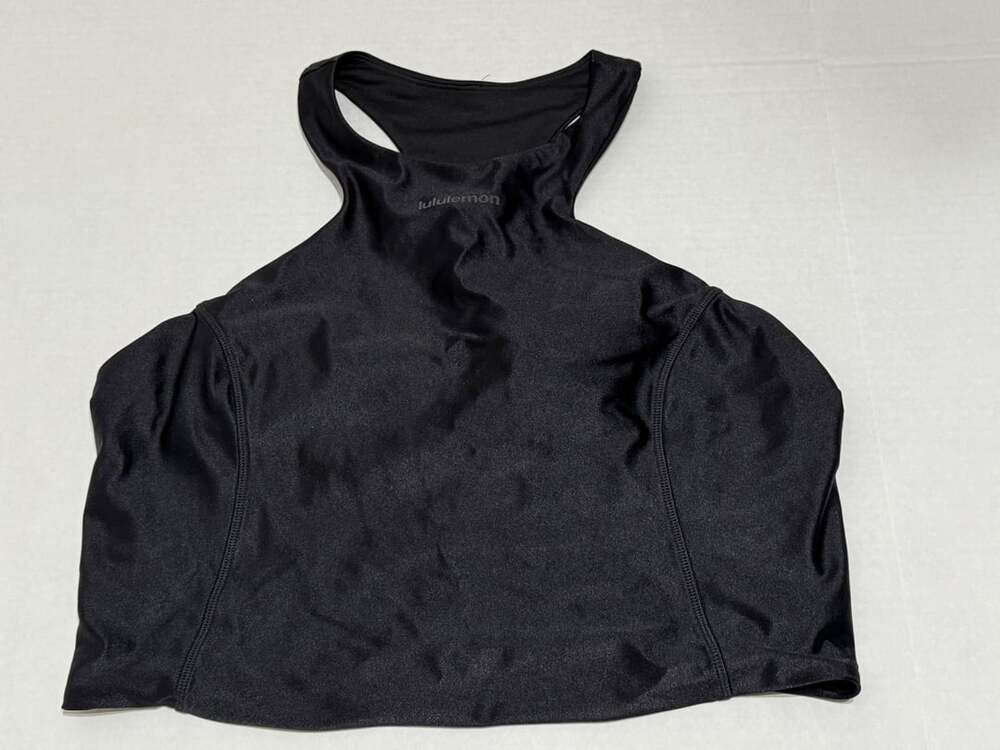 Lululemon Satin Shine Tank Top Size 12 Black Wordmark Halter Crop